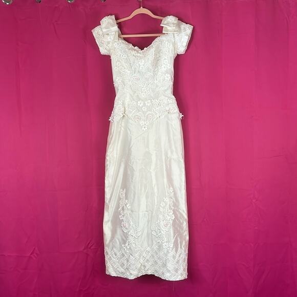 Vintage rosebuds and embroidery basque waist sheath style wedding dress small xs - Picture 1 of 16